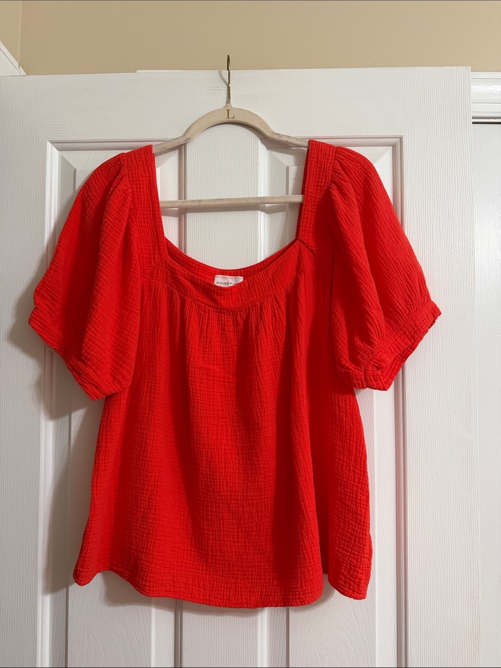 Honorine Orange Red Square Neck Gauze Material Short Sleeve Blouse Size Medium